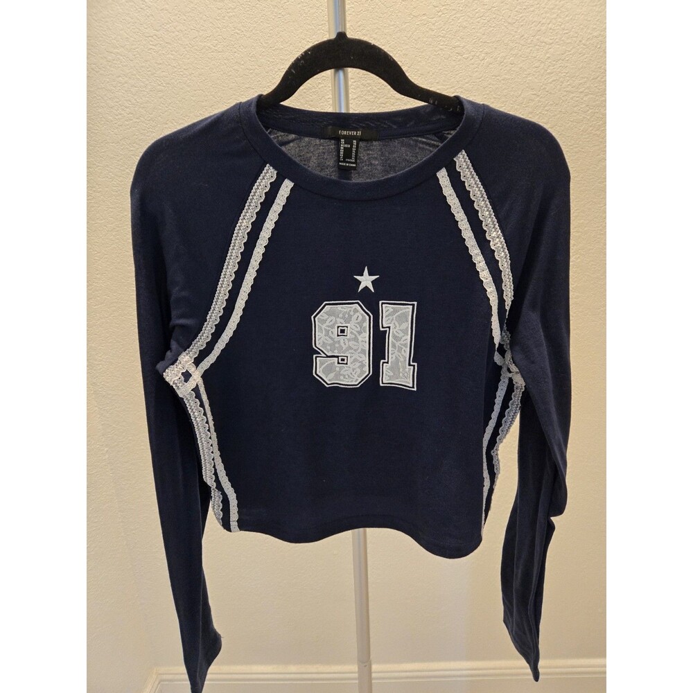 Forever 21 Lace Trim XL Graphic 91 Long Sleeve Crop Top Y2K Navy Blue Women